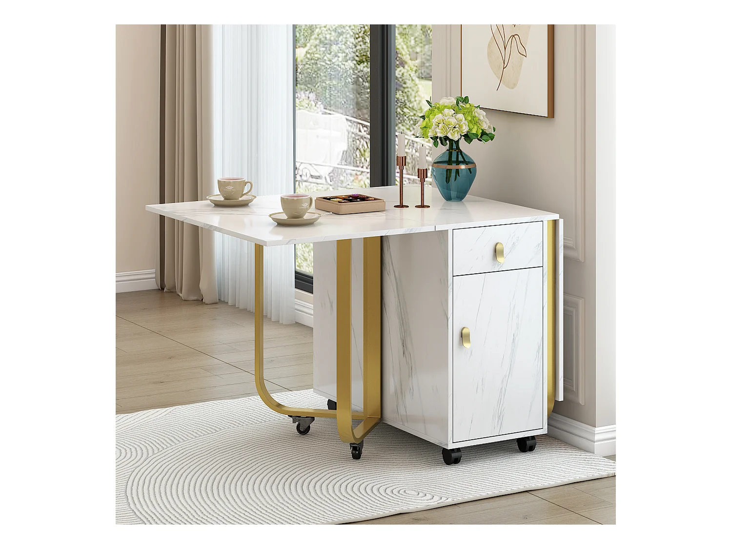 Table à manger blanc à roulettes - Table à manger pliante avec 2 tiroirs et 2 portes - 4 pieds dorés