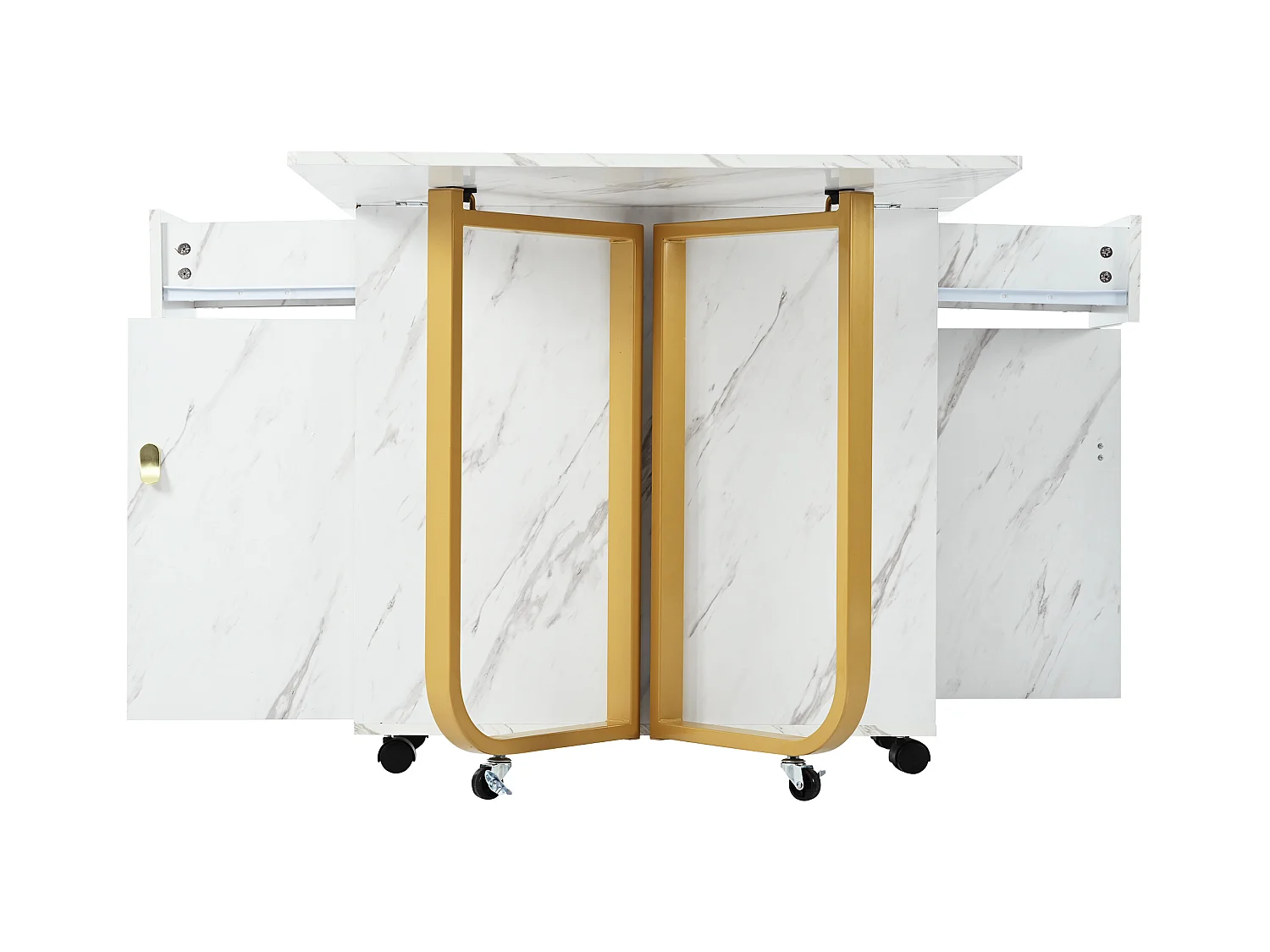 Table à manger blanc à roulettes - Table à manger pliante avec 2 tiroirs et 2 portes - 4 pieds dorés