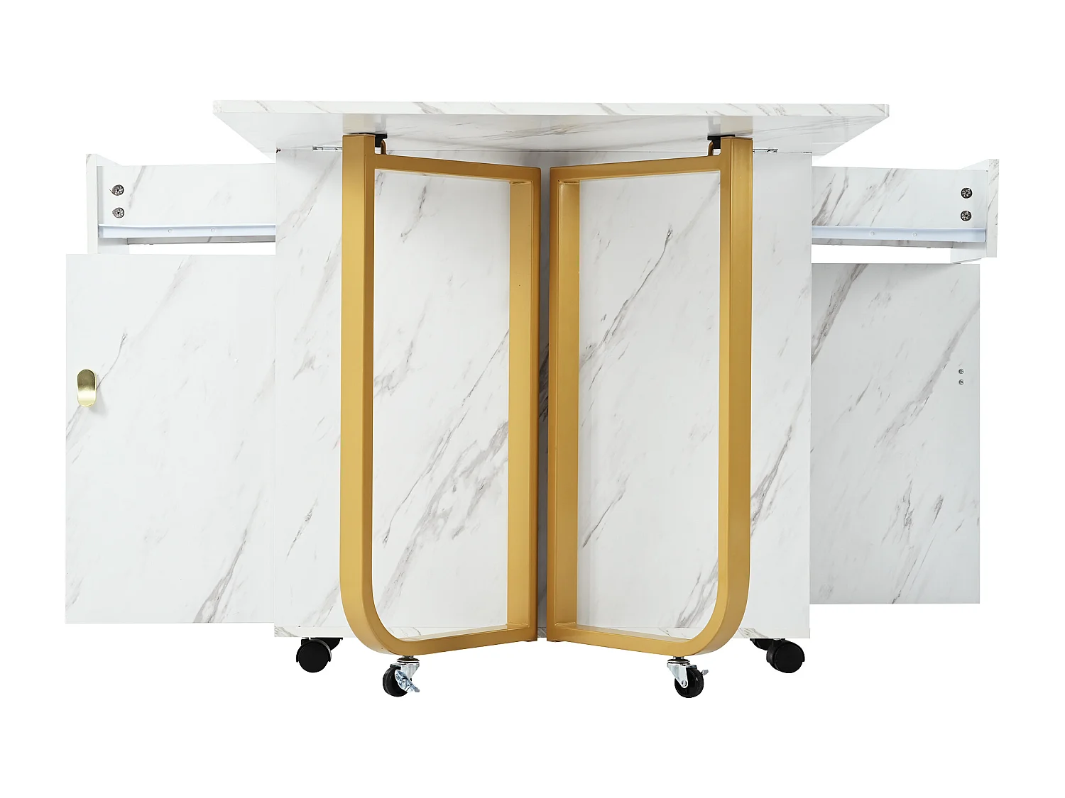 Table à manger blanc à roulettes - Table à manger pliante avec 2 tiroirs et 2 portes - 4 pieds dorés