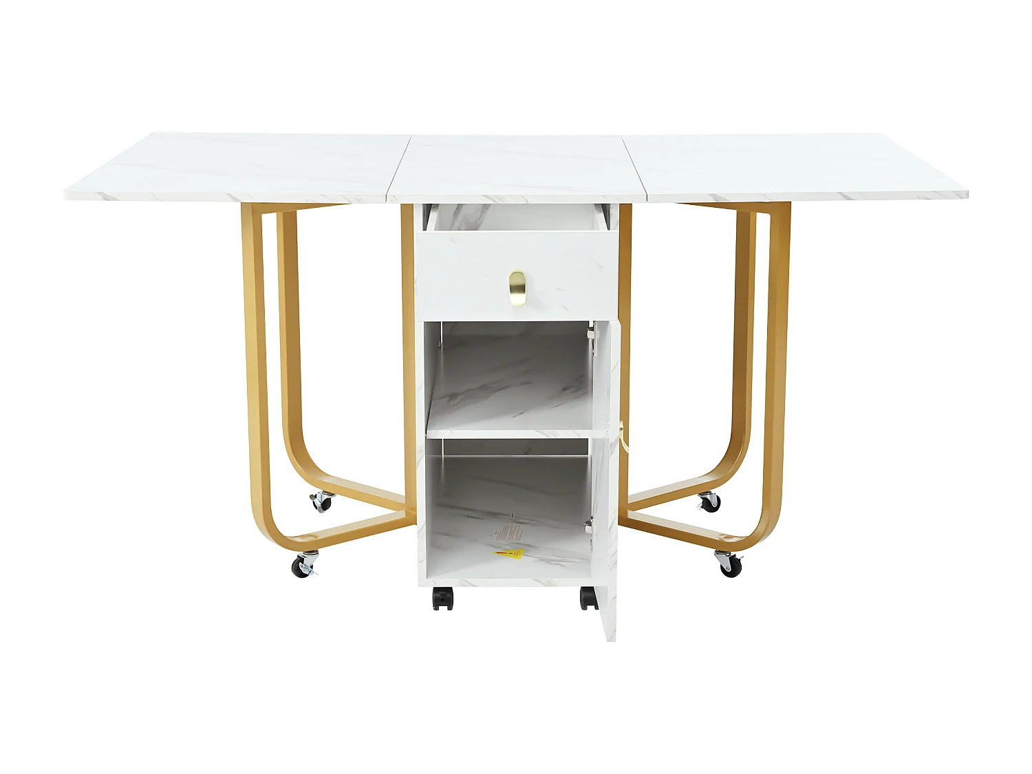 Table à manger blanc à roulettes - Table à manger pliante avec 2 tiroirs et 2 portes - 4 pieds dorés