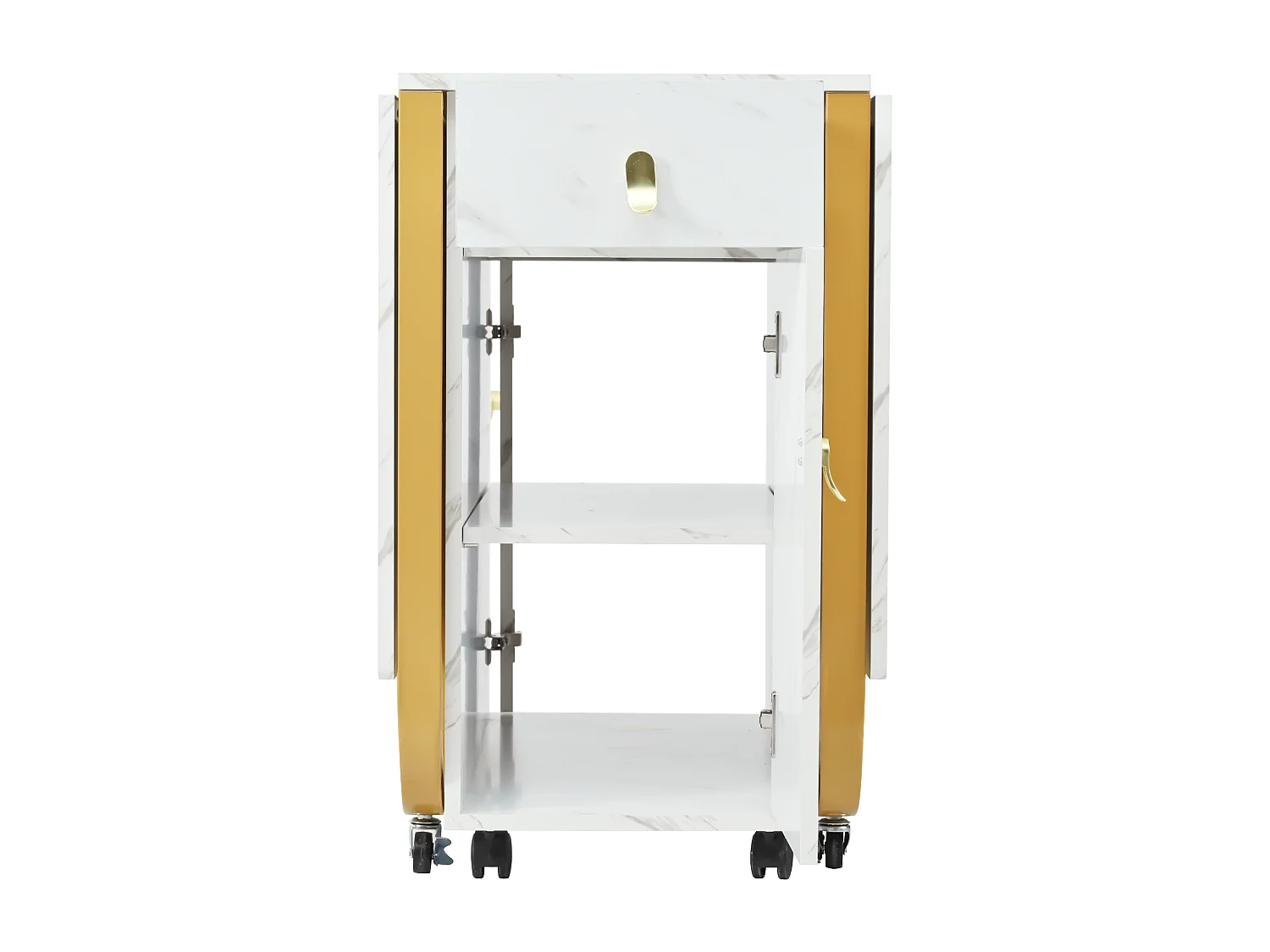 Table à manger blanc à roulettes - Table à manger pliante avec 2 tiroirs et 2 portes - 4 pieds dorés