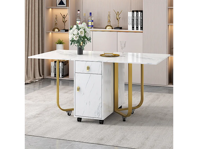 Table à manger blanc à roulettes - Table à manger pliante avec 2 tiroirs et 2 portes - 4 pieds dorés