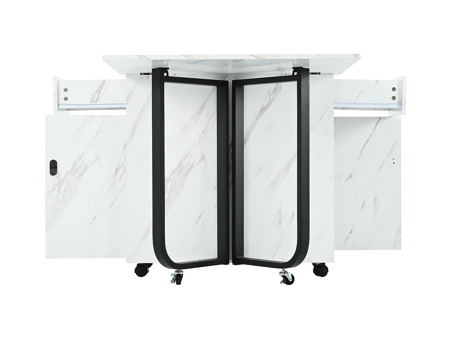 Table à manger blanc à roulettes - Table à manger pliante avec 2 tiroirs et 2 portes - 4 pieds noir