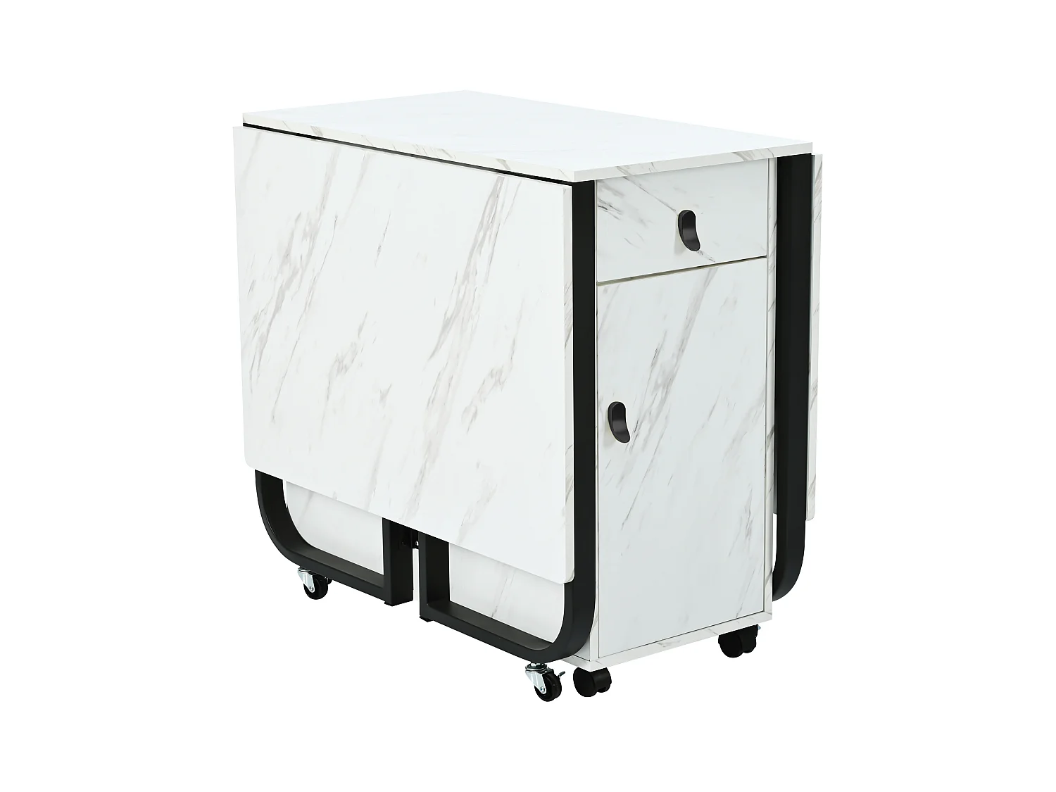 Table à manger blanc à roulettes - Table à manger pliante avec 2 tiroirs et 2 portes - 4 pieds noir