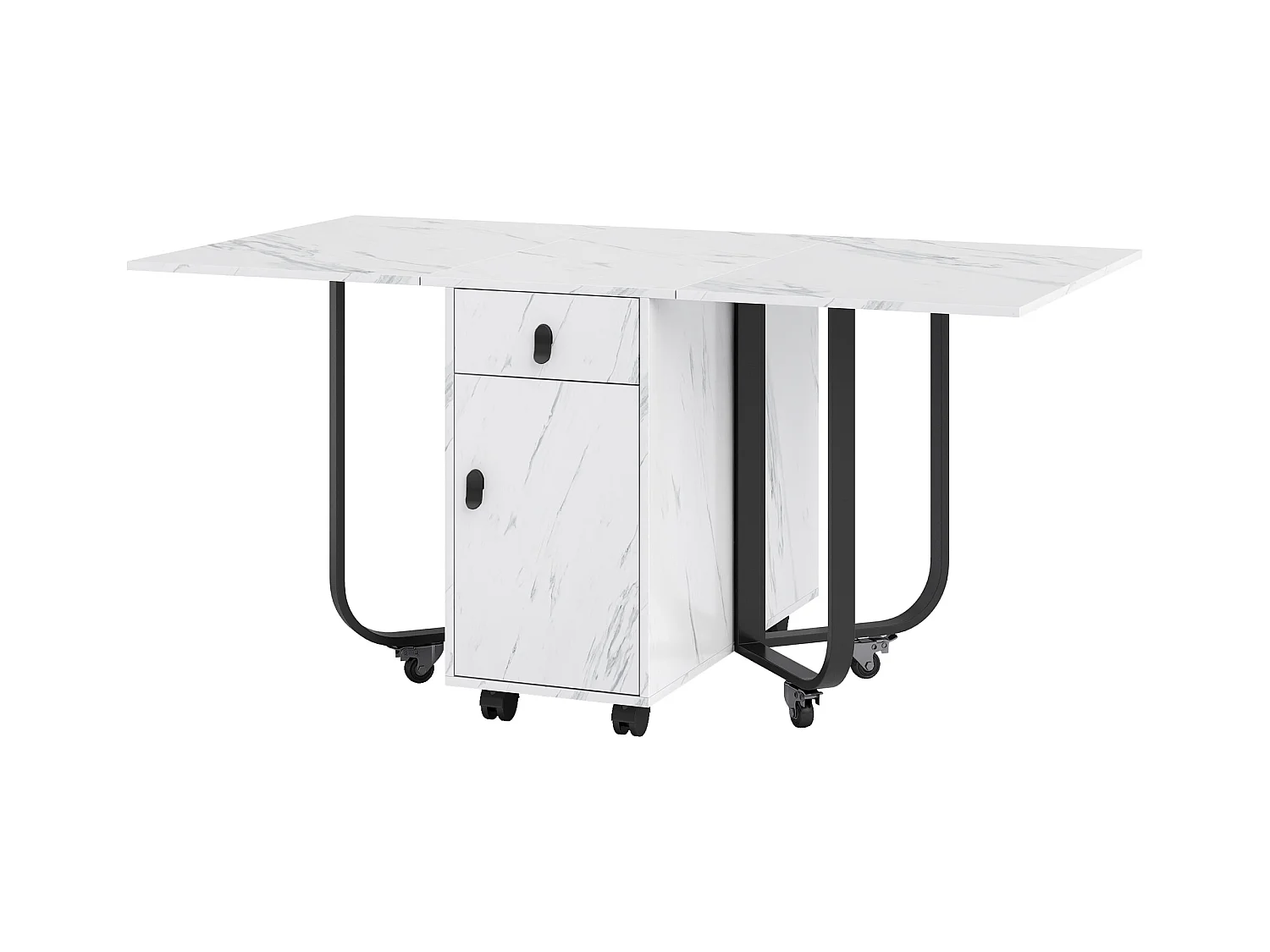 Table à manger blanc à roulettes - Table à manger pliante avec 2 tiroirs et 2 portes - 4 pieds noir