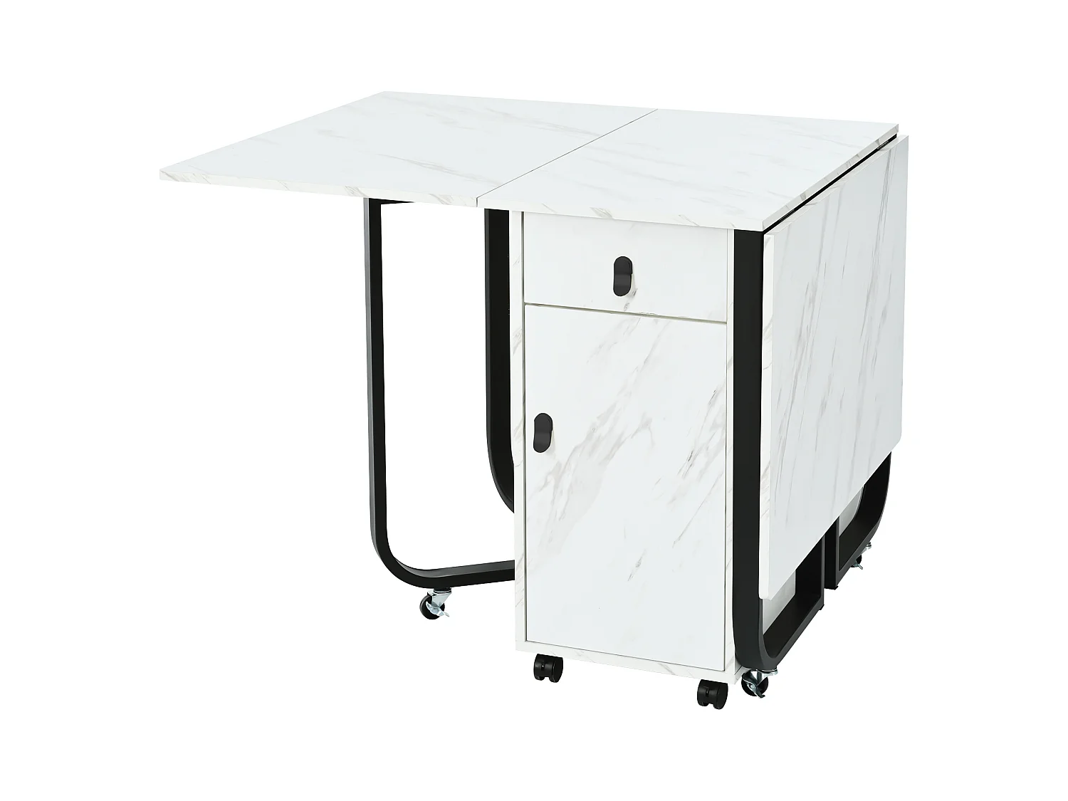 Table à manger blanc à roulettes - Table à manger pliante avec 2 tiroirs et 2 portes - 4 pieds noir