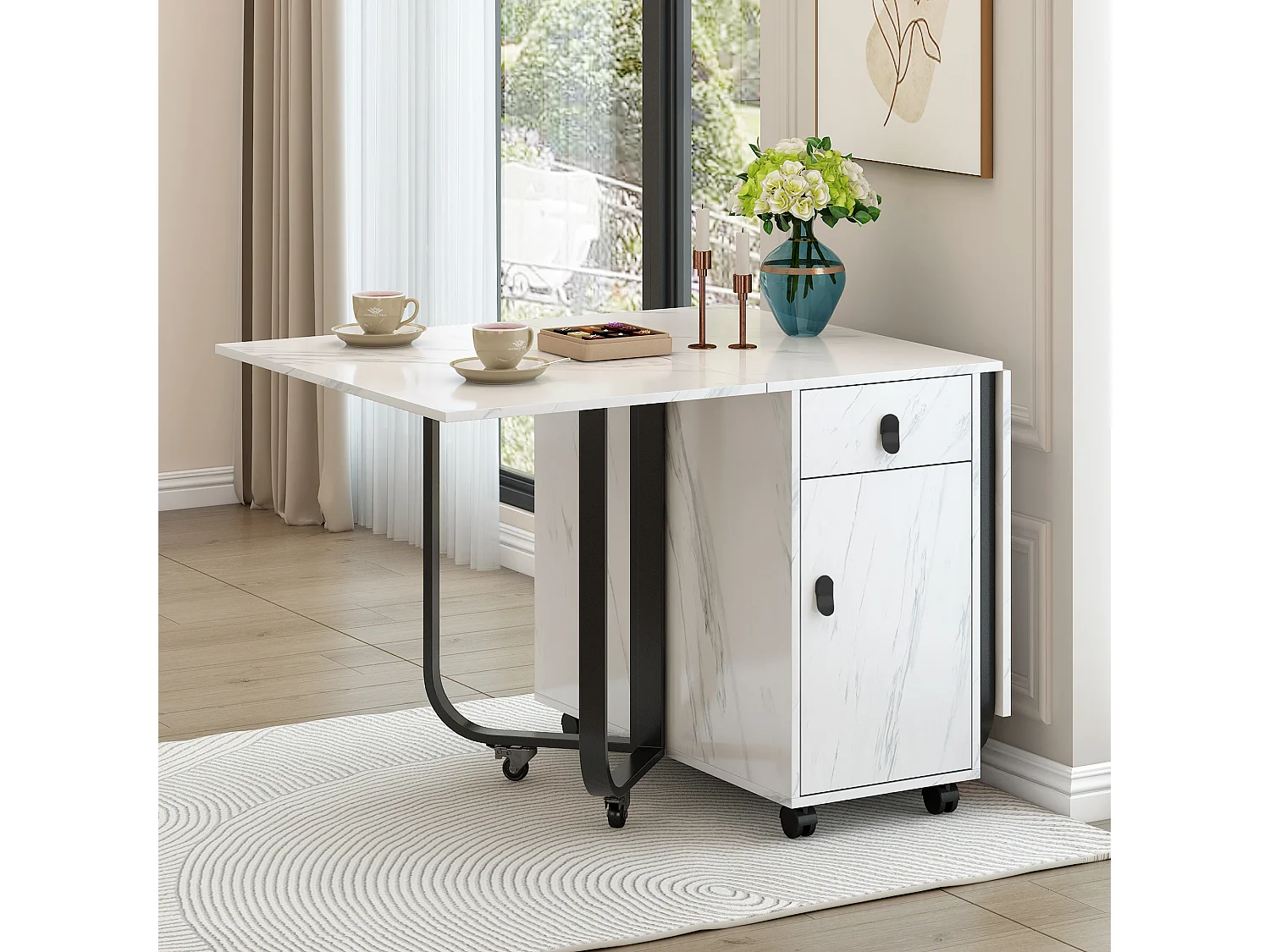 Table à manger blanc à roulettes - Table à manger pliante avec 2 tiroirs et 2 portes - 4 pieds noir