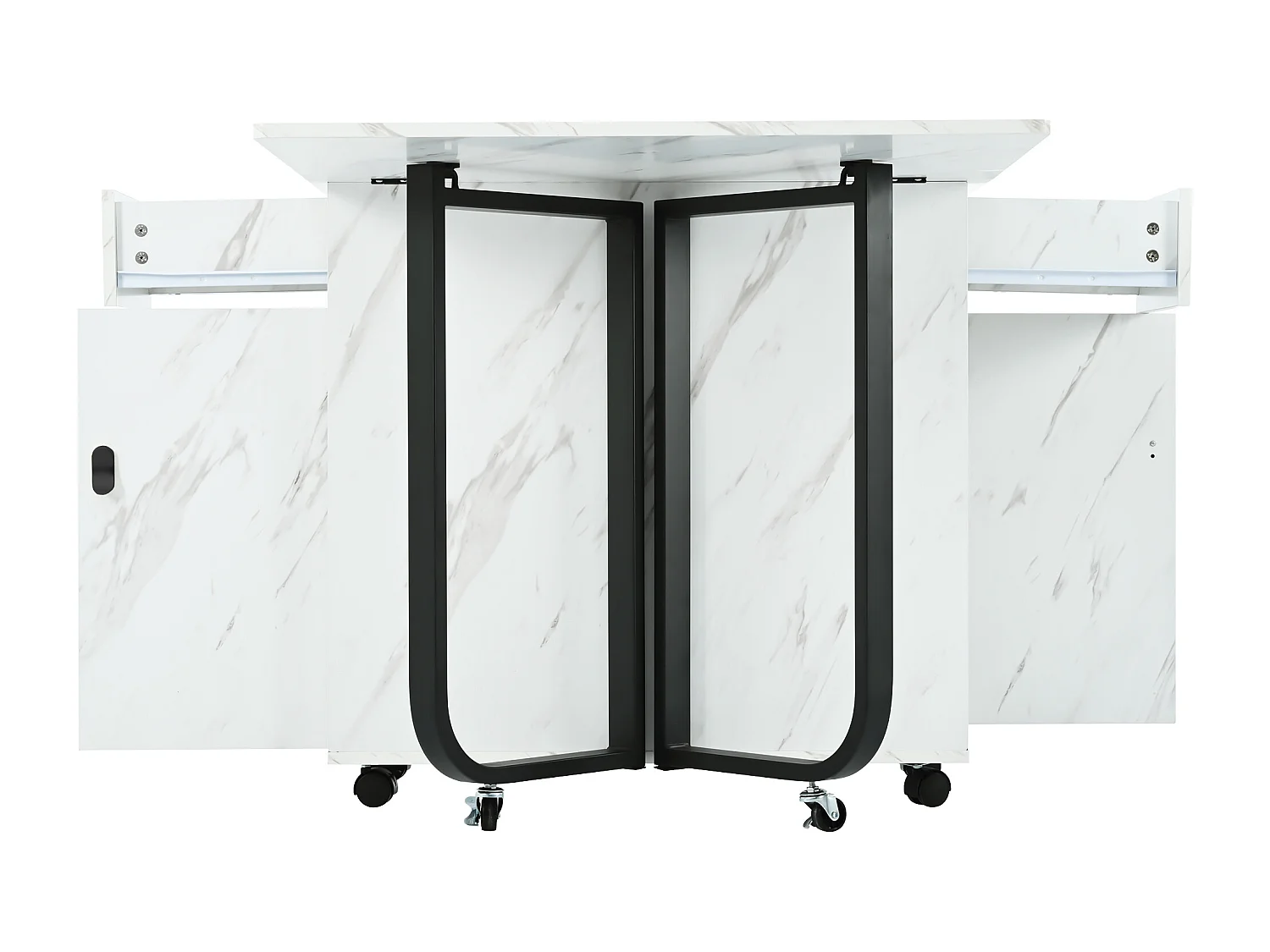 Table à manger blanc à roulettes - Table à manger pliante avec 2 tiroirs et 2 portes - 4 pieds noir