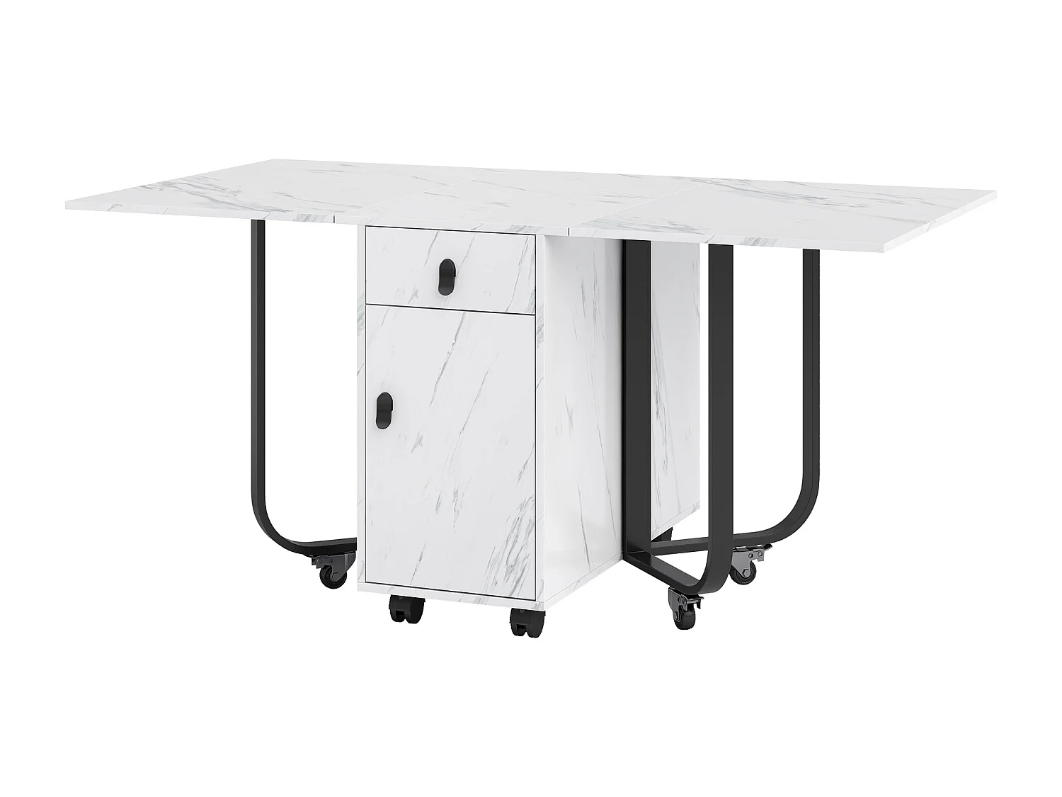 Table à manger blanc à roulettes - Table à manger pliante avec 2 tiroirs et 2 portes - 4 pieds noir