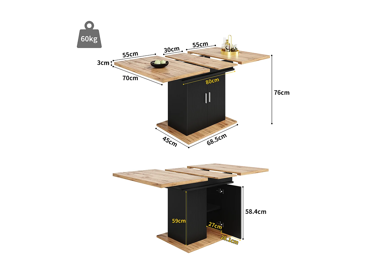 Table à manger extensible noir - Table à manger avec 2 portes - plateau en bois - rangement ouvert