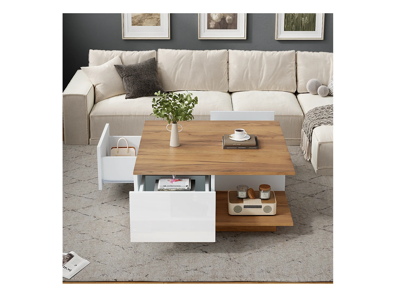 Mesa de centro cuadrada blanca y nogal con 3 cajones, acabado veta madera 70 x 70 x 31,5 cm