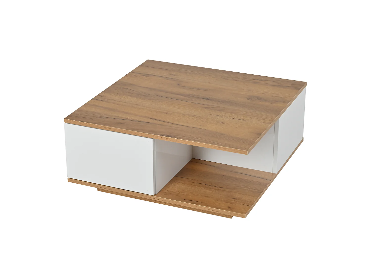 Mesa de centro cuadrada blanca y nogal con 3 cajones, acabado veta madera 70 x 70 x 31,5 cm