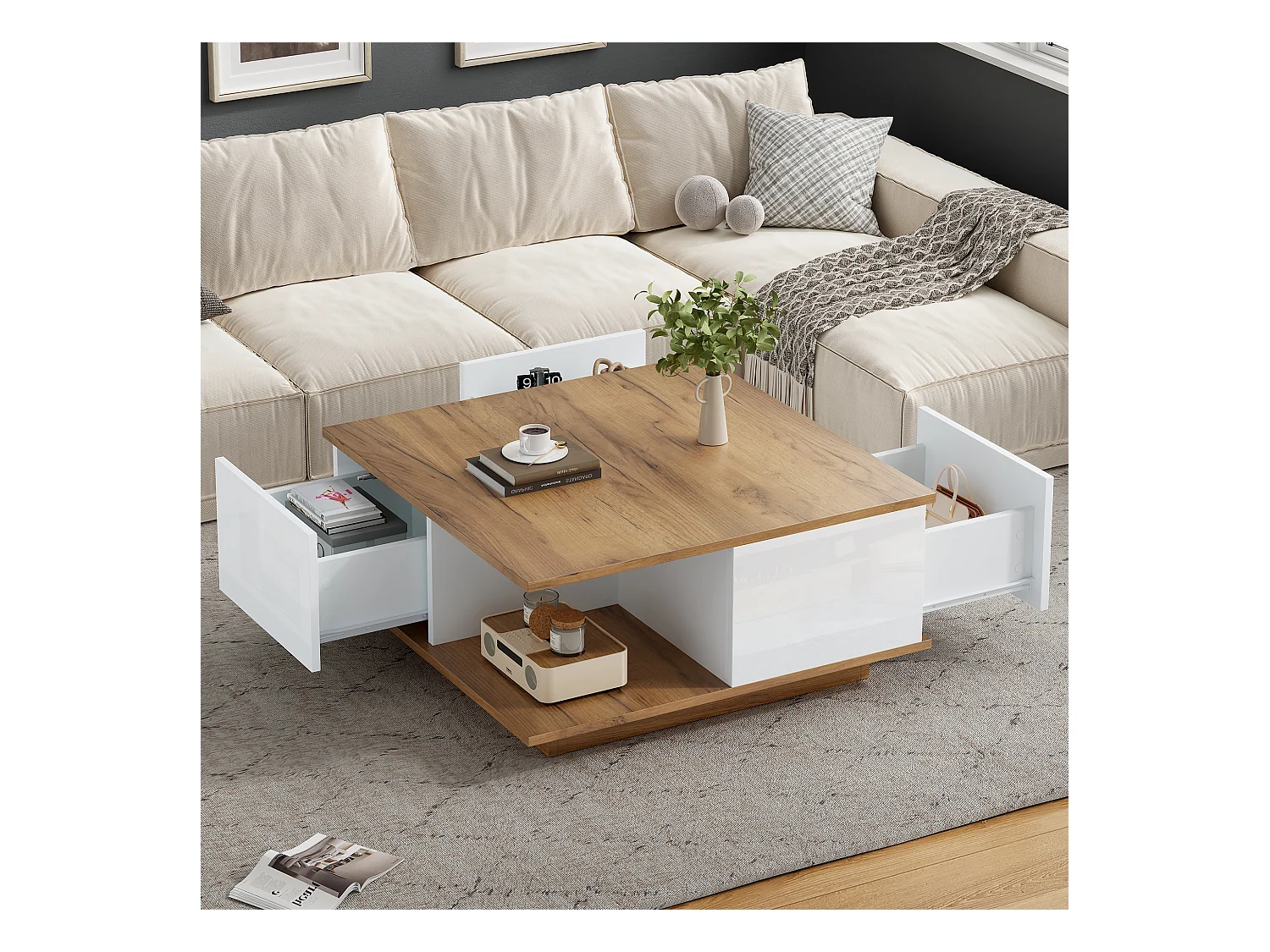 Mesa de centro cuadrada blanca y nogal con 3 cajones, acabado veta madera 70 x 70 x 31,5 cm