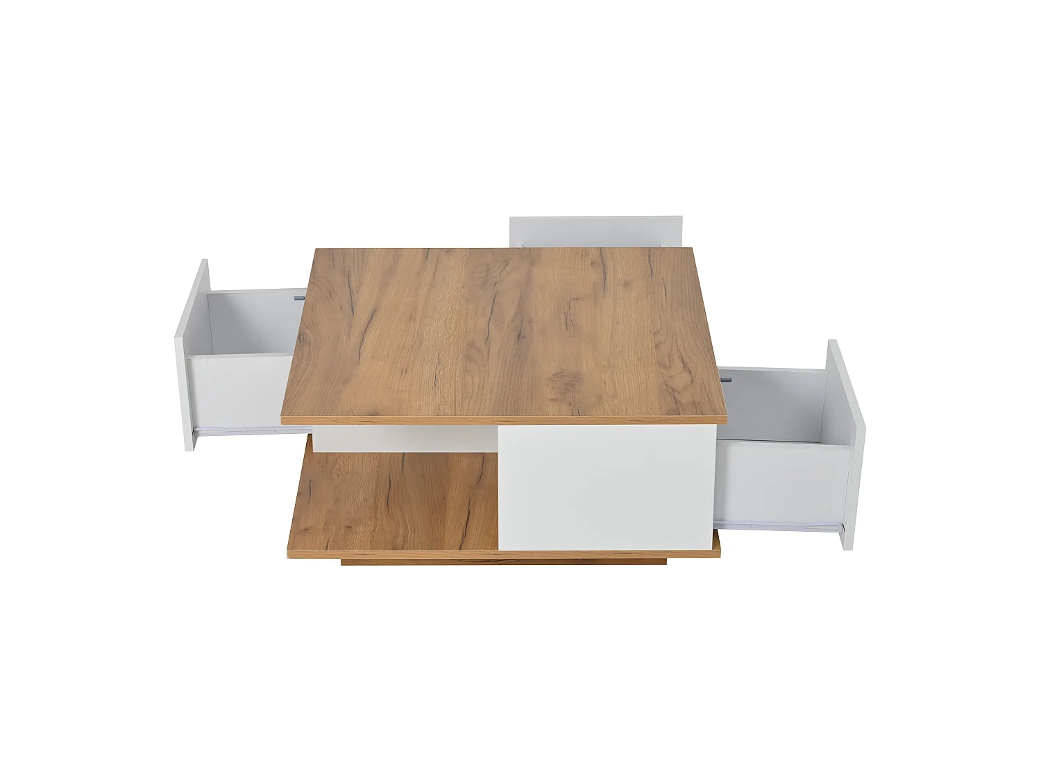 Mesa de centro cuadrada blanca y nogal con 3 cajones, acabado veta madera 70 x 70 x 31,5 cm