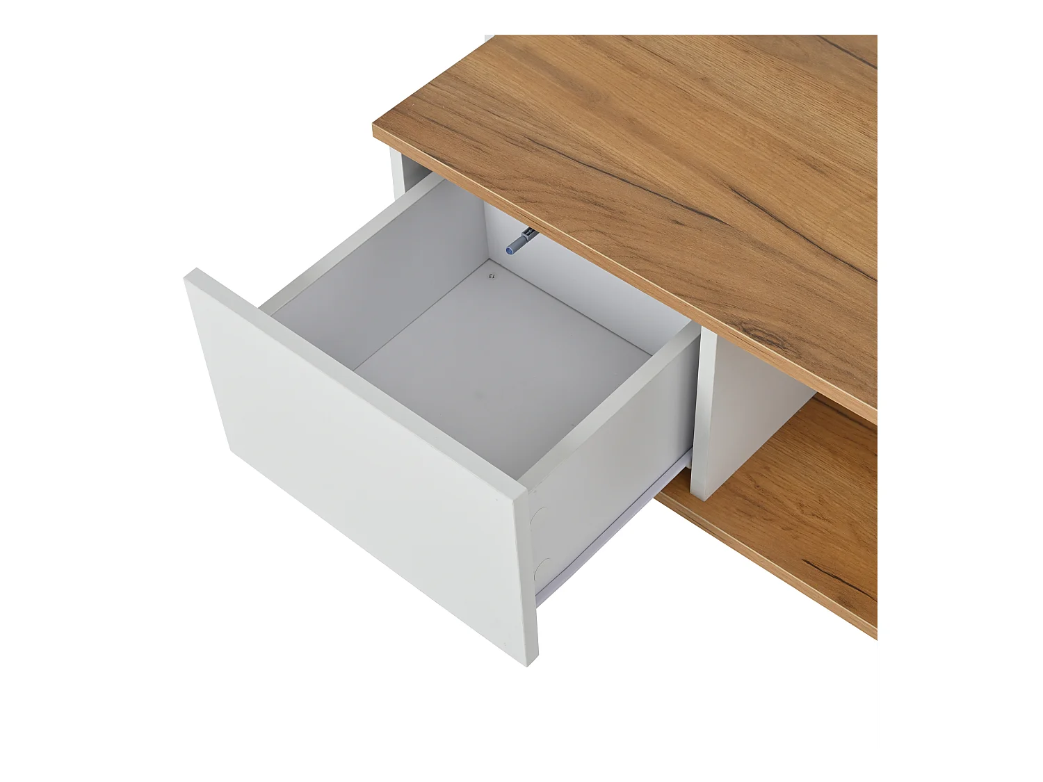 Mesa de centro cuadrada blanca y nogal con 3 cajones, acabado veta madera 70 x 70 x 31,5 cm