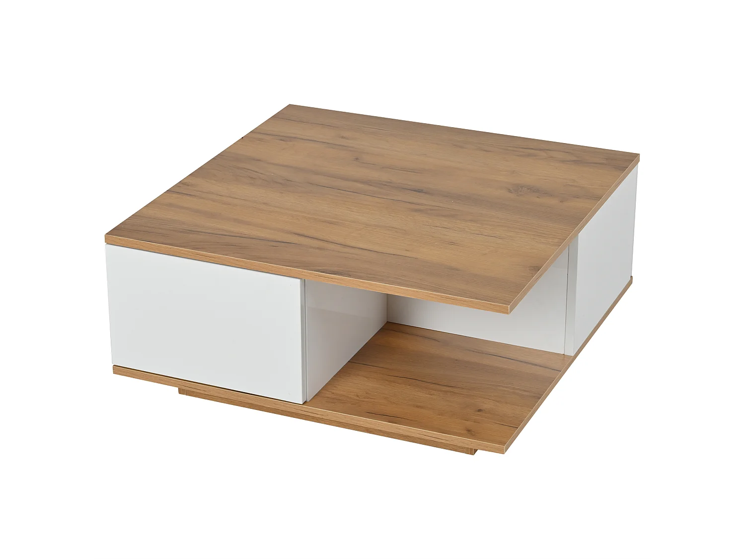 Table basse carrée blanche et noyer avec 3 tiroirs, finition grain de bois 70 x 70 x 31,5 cm