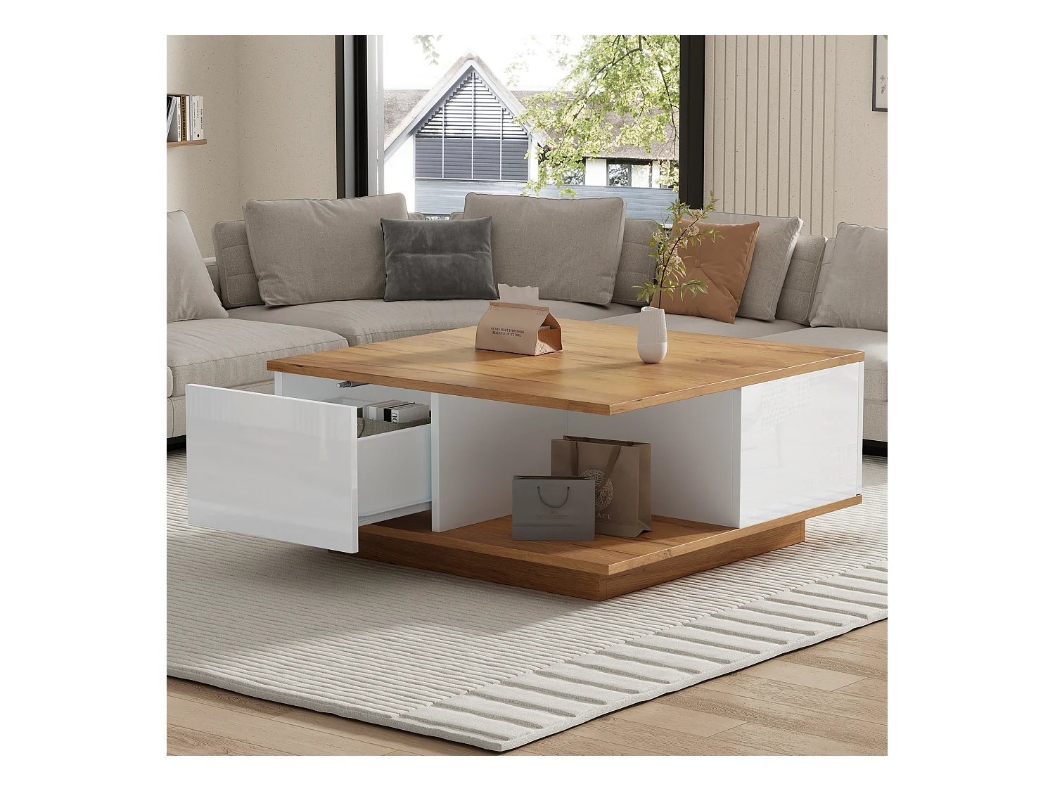 Table basse carrée blanche et noyer avec 3 tiroirs, finition grain de bois 70 x 70 x 31,5 cm