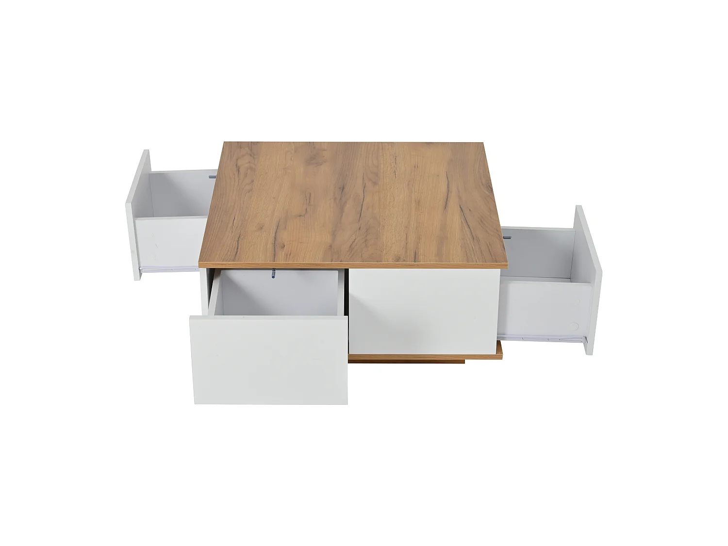 Table basse carrée blanche et noyer avec 3 tiroirs, finition grain de bois 70 x 70 x 31,5 cm