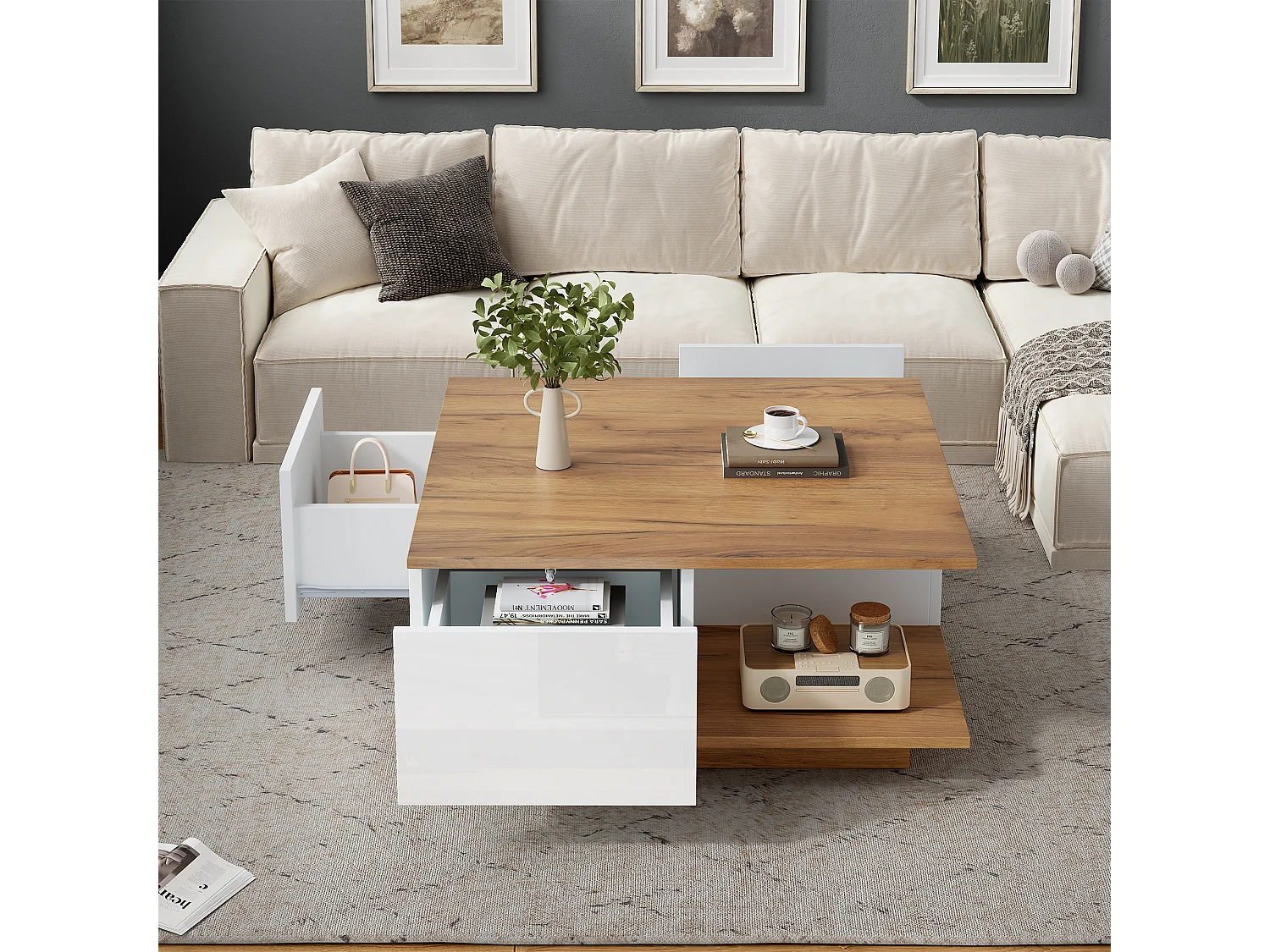 Vierkante salontafel in wit en notenhout met 3 lades, houtnerf afwerking 70 x 70 x 31,5 cm