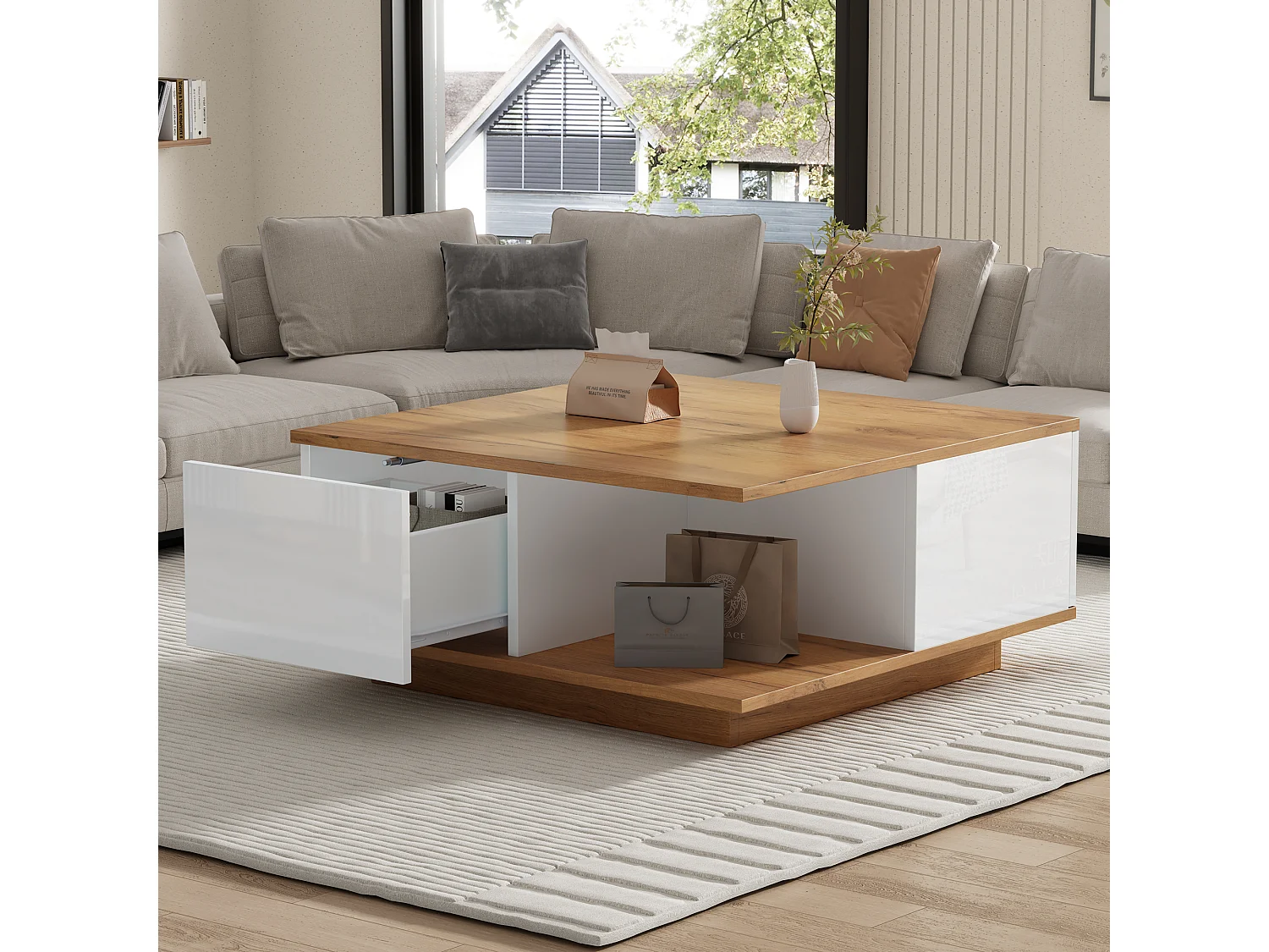 Vierkante salontafel in wit en notenhout met 3 lades, houtnerf afwerking 70 x 70 x 31,5 cm