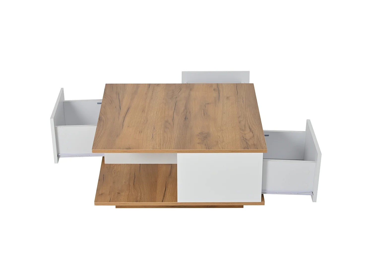 Vierkante salontafel in wit en notenhout met 3 lades, houtnerf afwerking 70 x 70 x 31,5 cm