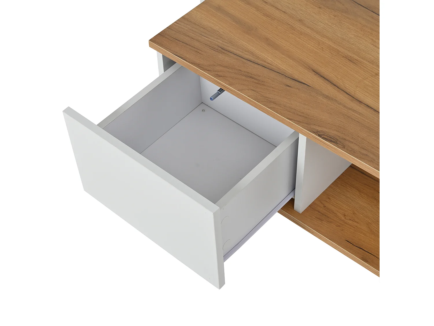 Vierkante salontafel in wit en notenhout met 3 lades, houtnerf afwerking 70 x 70 x 31,5 cm