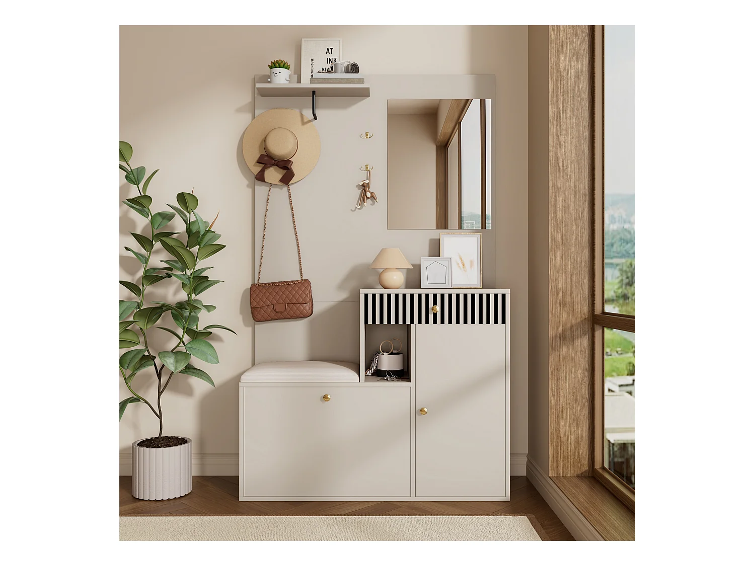 Vestiaire avec 2 portes, tiroir, miroir et coussin, matériau MDF 110x37x185,5 cm