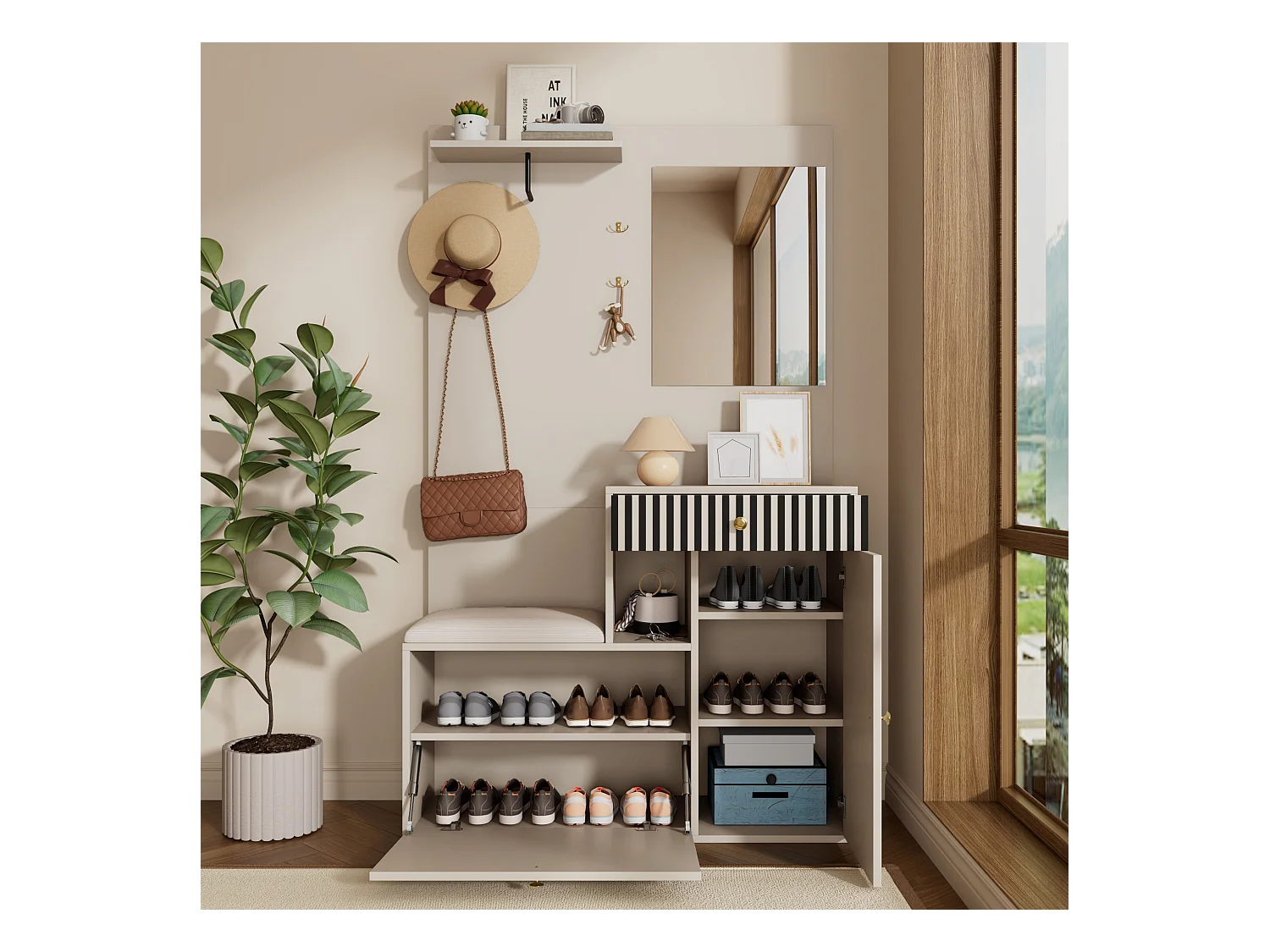 Vestiaire avec 2 portes, tiroir, miroir et coussin, matériau MDF 110x37x185,5 cm