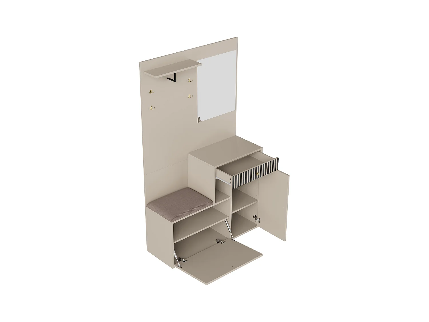 Vestiaire avec 2 portes, tiroir, miroir et coussin, matériau MDF 110x37x185,5 cm