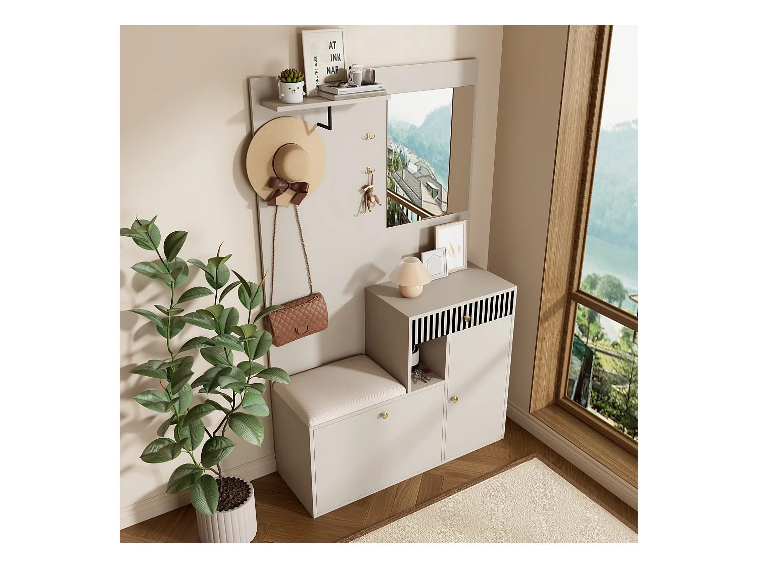 Vestiaire avec 2 portes, tiroir, miroir et coussin, matériau MDF 110x37x185,5 cm