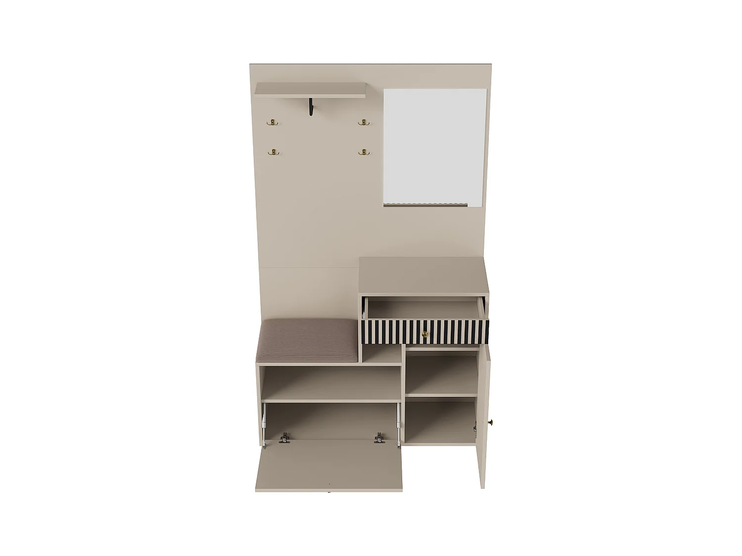 Vestiaire avec 2 portes, tiroir, miroir et coussin, matériau MDF 110x37x185,5 cm