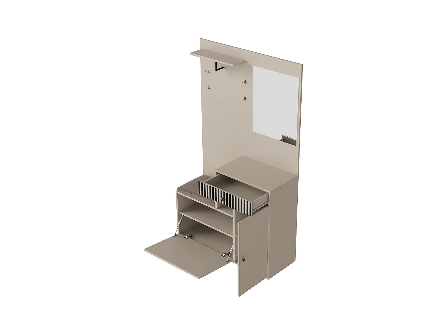 Vestiaire avec 2 portes, tiroir, miroir et coussin, matériau MDF 110x37x185,5 cm