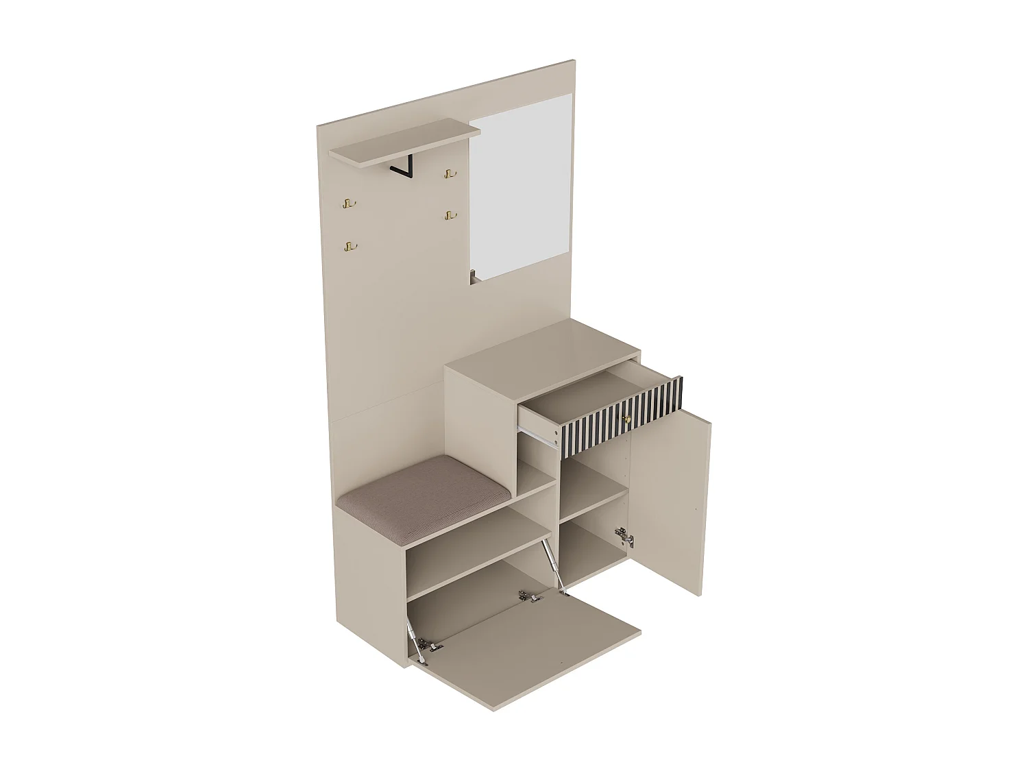 Kledingkast met 2 deuren, lade, spiegel en kussen, MDF-materiaal 110x37x185,5 cm