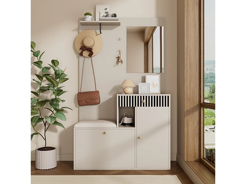 Armario con 2 puertas, cajón, espejo y cojín, material MDF 110x37x185,5 cm