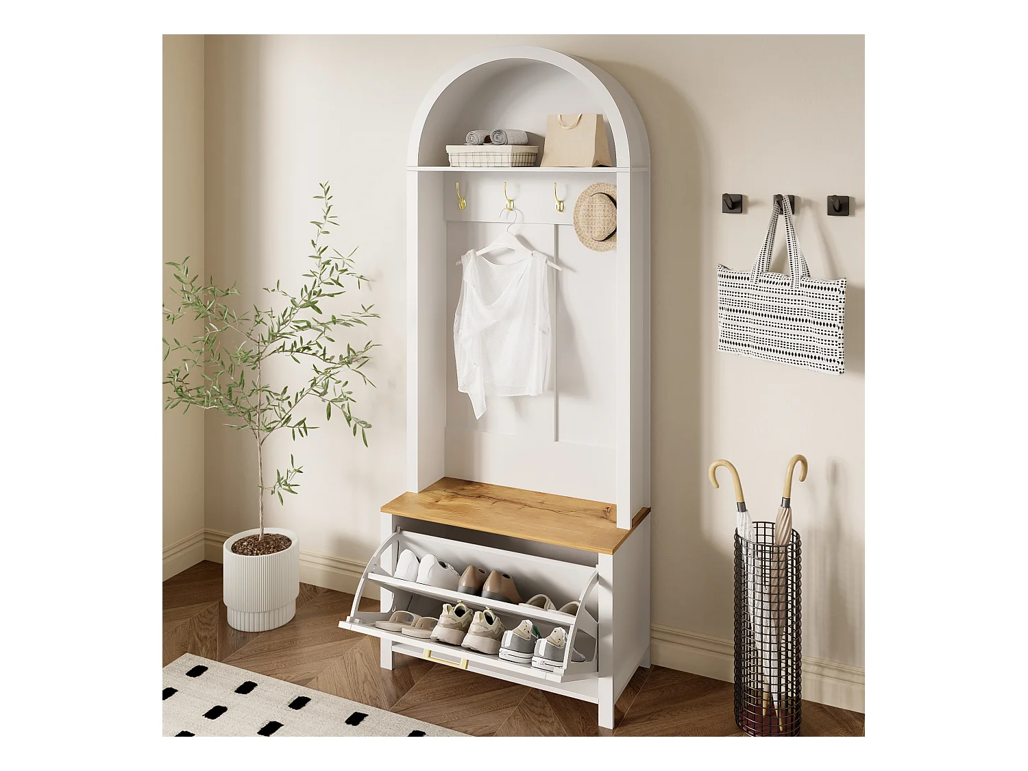 Vestiaire blanc et naturel avec porte et crochets dorés, design arche 75x35x195cm