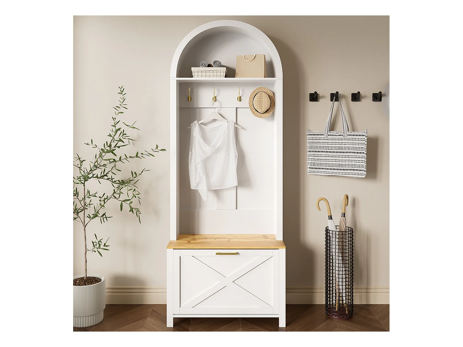Vestiaire blanc et naturel avec porte et crochets dorés, design arche 75x35x195cm