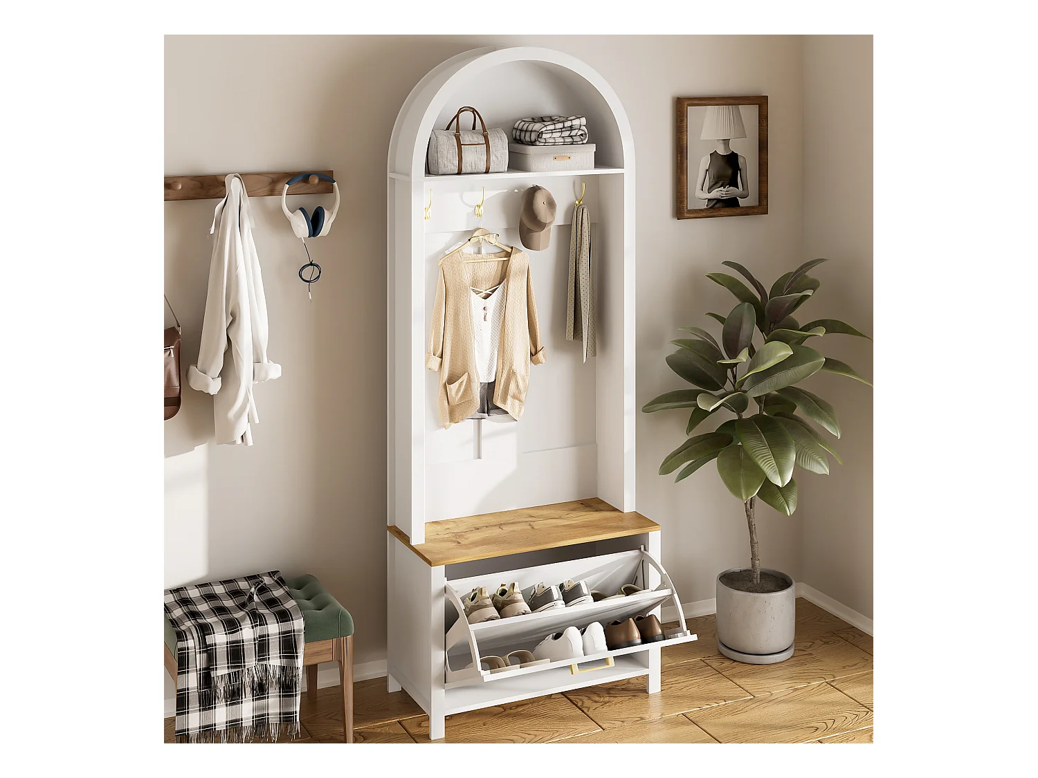 Vestiaire blanc et naturel avec porte et crochets dorés, design arche 75x35x195cm