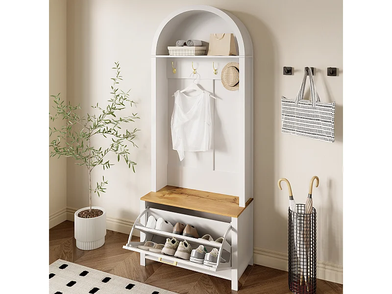 Vestiaire blanc et naturel avec porte et crochets dorés, design arche 75x35x195cm