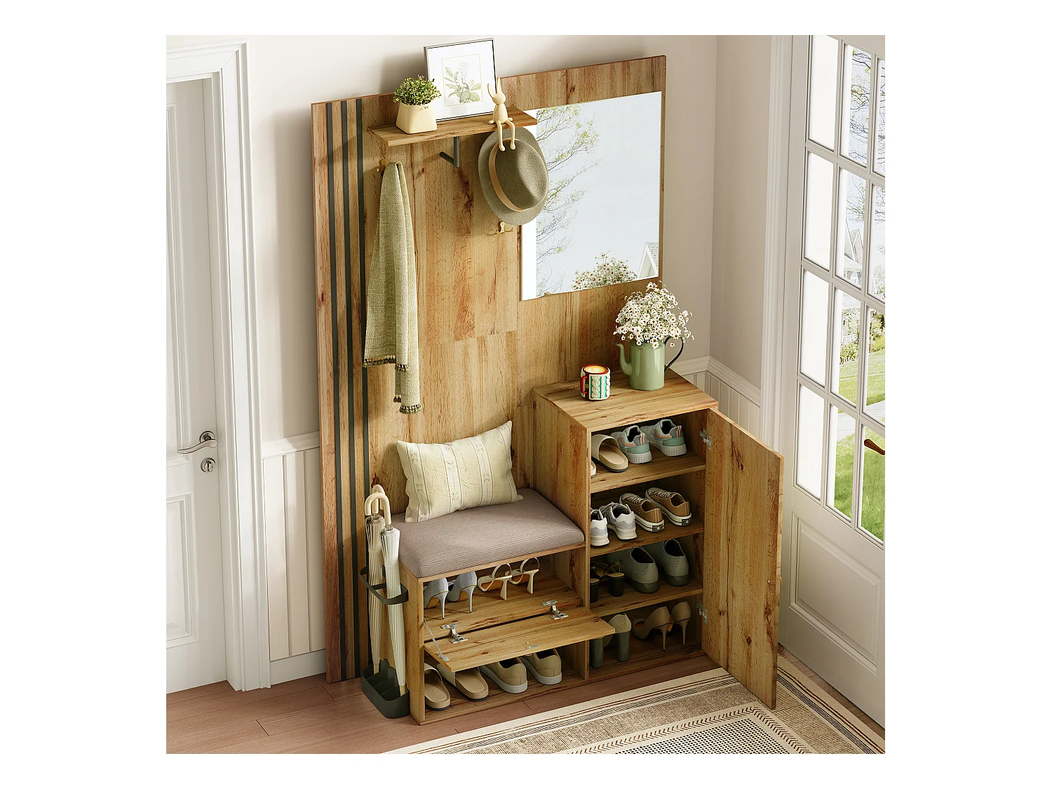 Armadio naturale con 2 ante, specchio, portaombrelli e panca portascarpe, multifunzionale 115 x 37 x 185