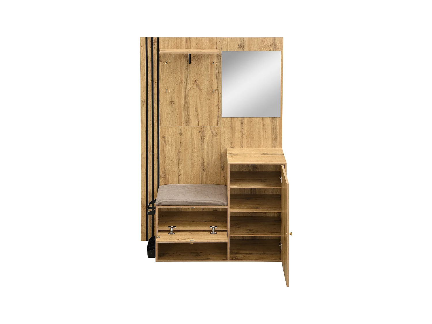 Vestiaire naturel avec 2 portes, miroir, porte-parapluie et banc à chaussures, multifonctionnel 115 x 37 x 185