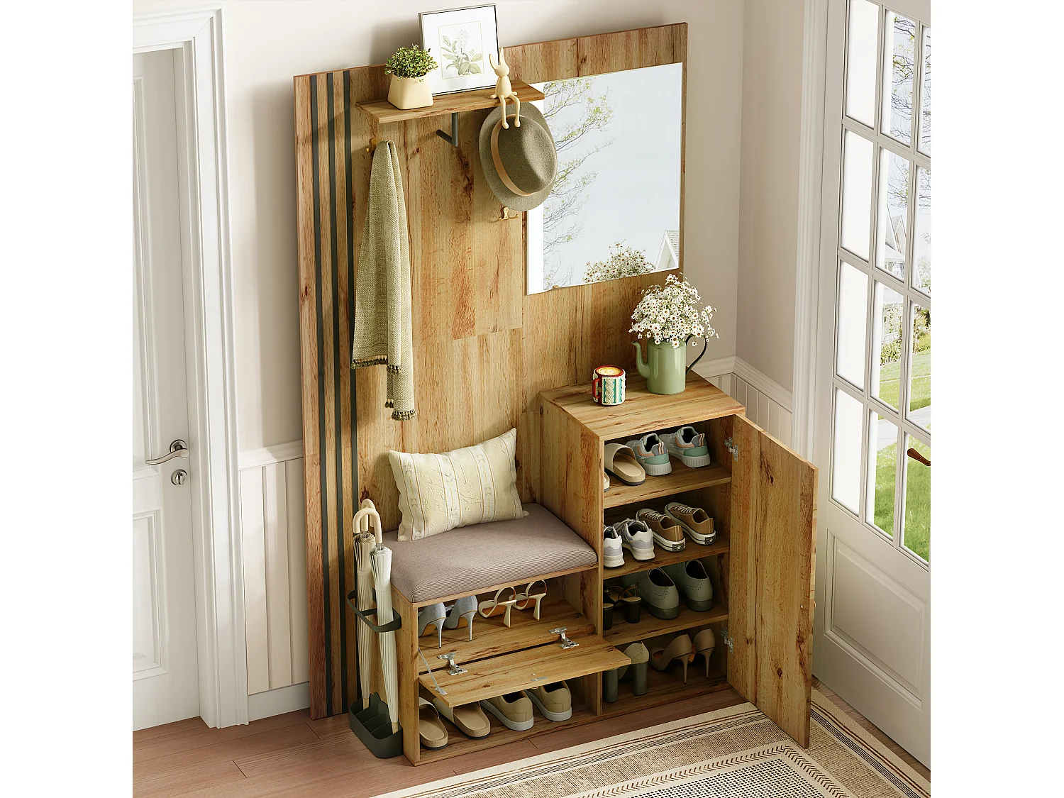 Vestiaire naturel avec 2 portes, miroir, porte-parapluie et banc à chaussures, multifonctionnel 115 x 37 x 185