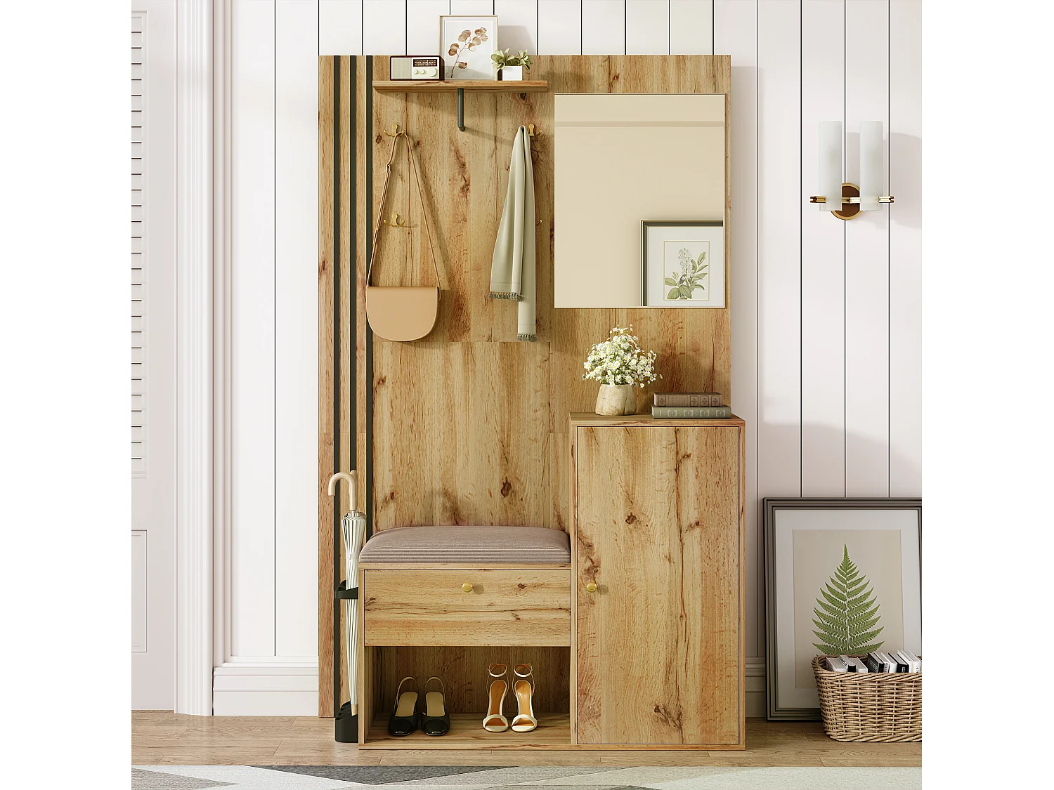 Vestiaire naturel avec 2 portes, miroir, porte-parapluie et banc à chaussures, multifonctionnel 115 x 37 x 185