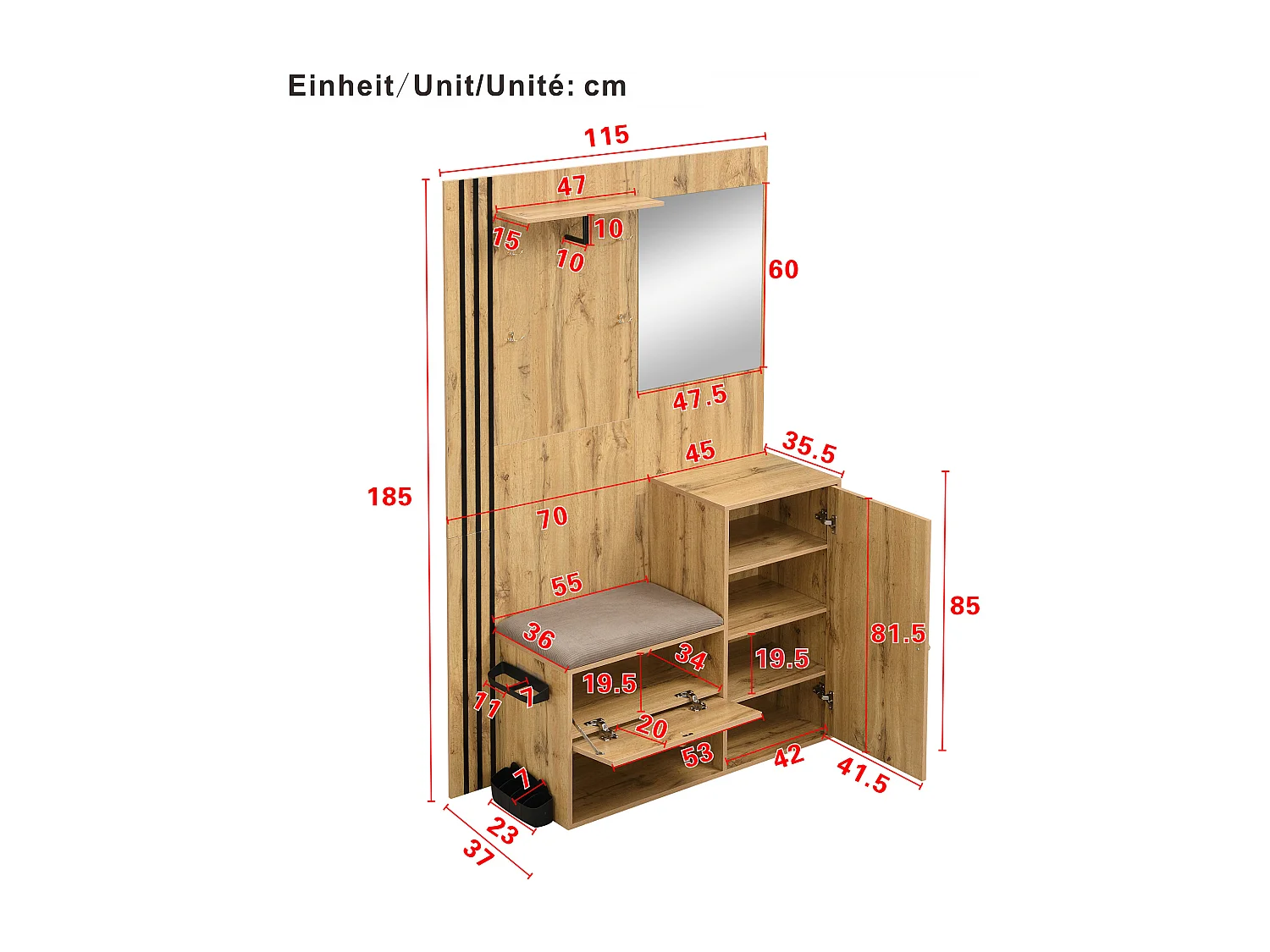 Vestiaire naturel avec 2 portes, miroir, porte-parapluie et banc à chaussures, multifonctionnel 115 x 37 x 185