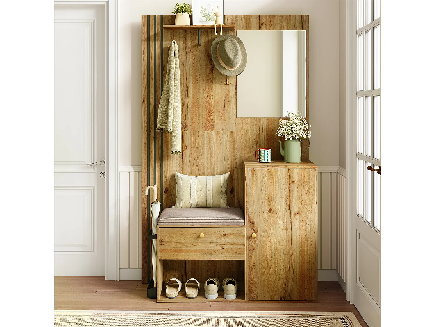 Vestiaire naturel avec 2 portes, miroir, porte-parapluie et banc à chaussures, multifonctionnel 115 x 37 x 185