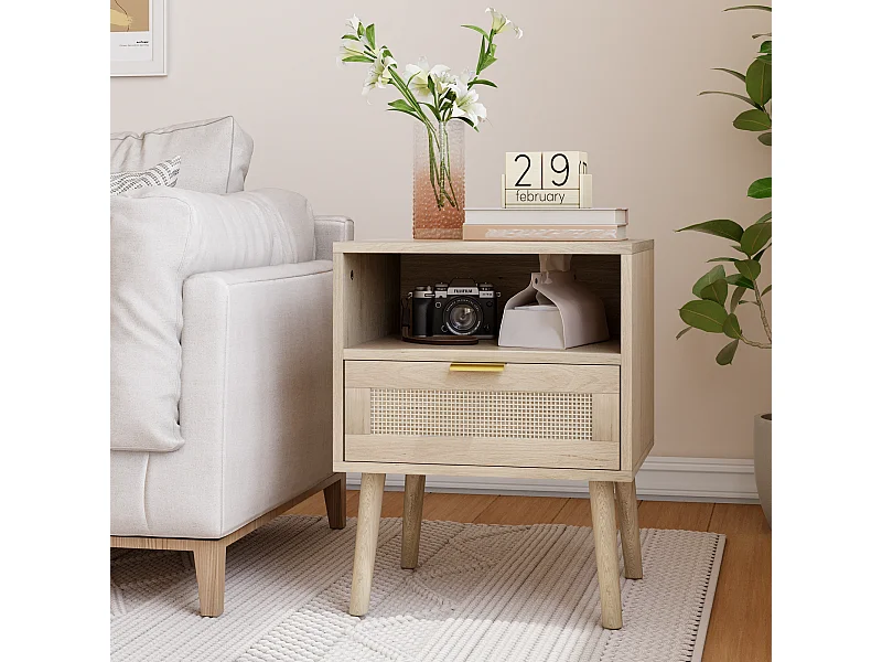 Table de chevet couleur naturelle avec tiroir en rotin, poignée dorée 45x40x55,5cm