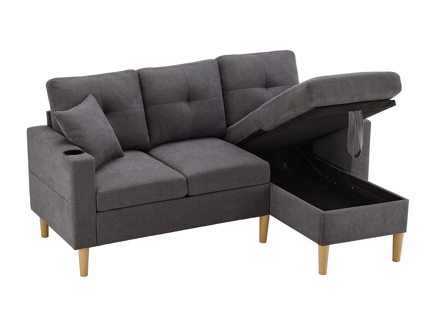 Sofá de canto em L de 3 lugares com 2 almofadas, suporte para copos e arrumação, tecido de algodão e linho cinza escuro