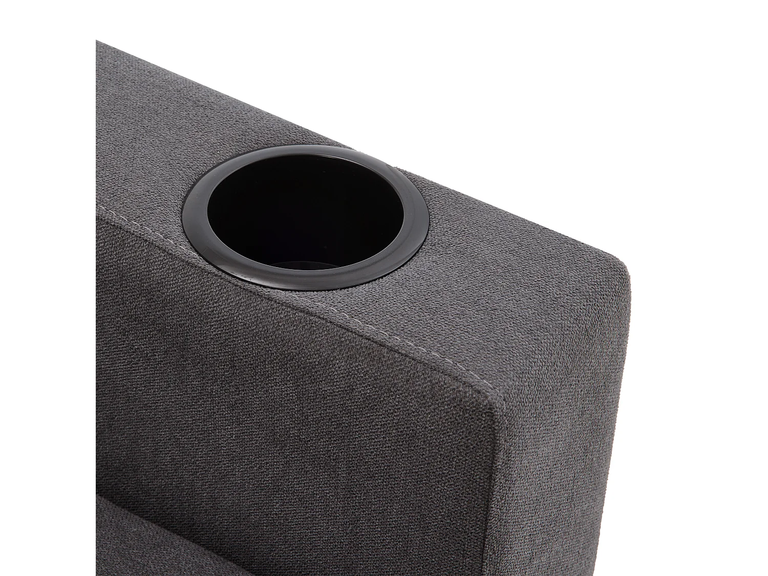 Sofá de canto em L de 3 lugares com 2 almofadas, suporte para copos e arrumação, tecido de algodão e linho cinza escuro