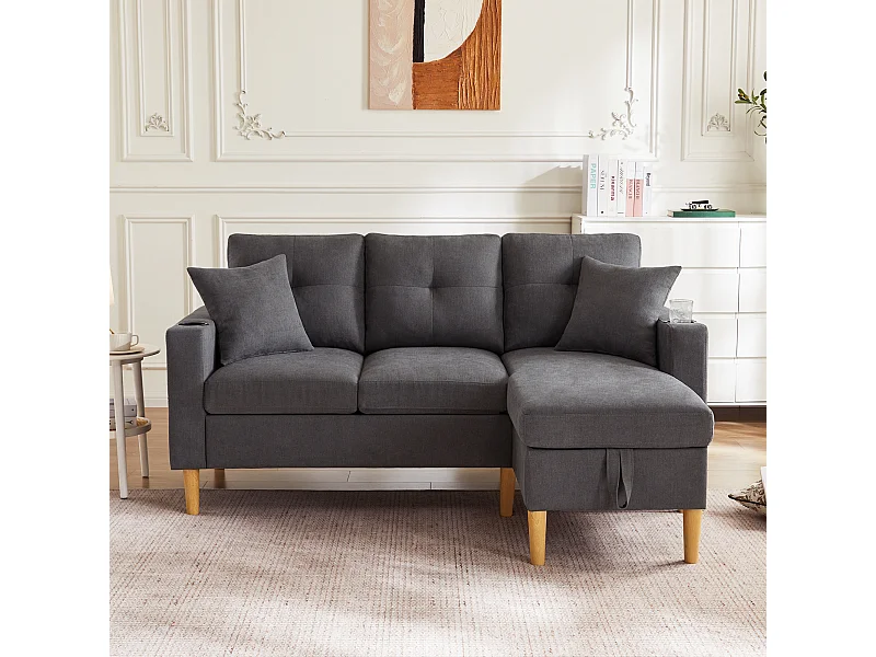 Sofá de canto em L de 3 lugares com 2 almofadas, suporte para copos e arrumação, tecido de algodão e linho cinza escuro