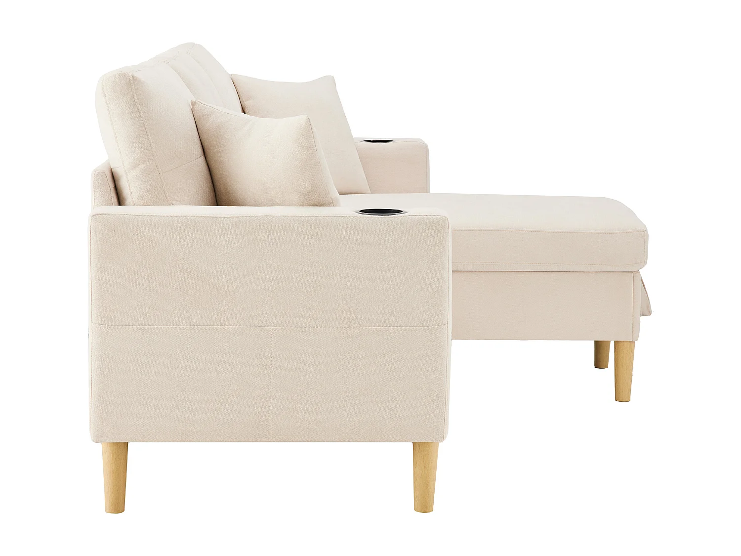 Sofá de canto em L de 3 lugares com 2 almofadas, suporte para copos e arrumação, tecido bege de algodão e linho