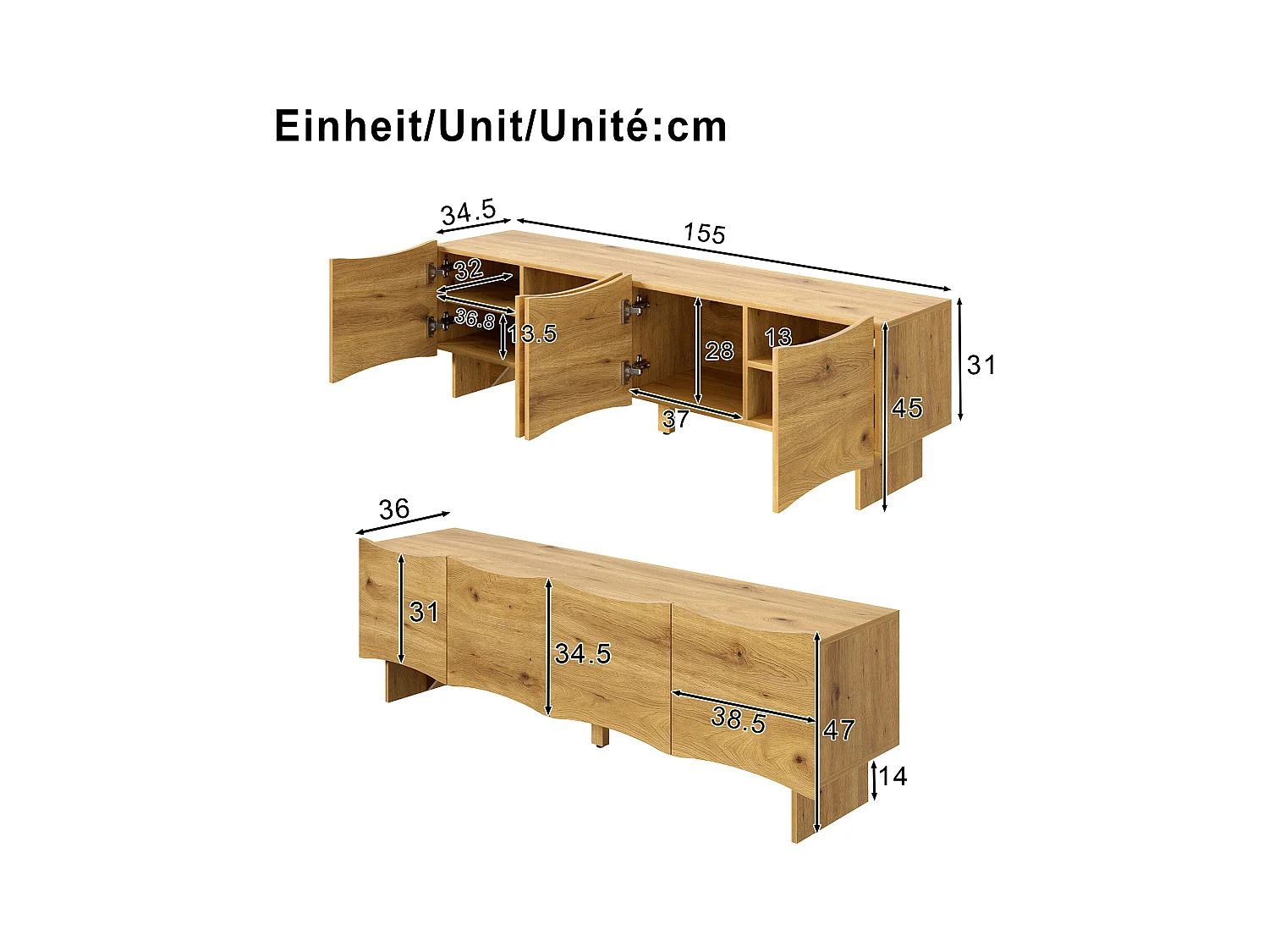Meuble TV couleur naturelle avec 4 portes et passe-câbles, design à motifs ondulés 155x36x47cm